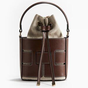 H&M small crossbody canvas and faux leather bucket bag - brown/beige